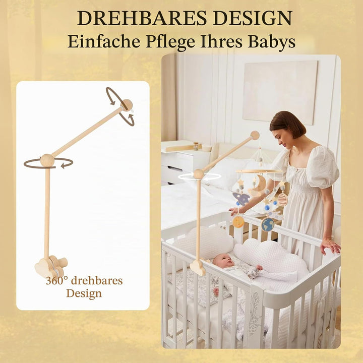 Mobile Halterung Holz für Babybett, Mobile Ständer Wolken Design, 360°Drehbar Baby Mobile Aufhänger,