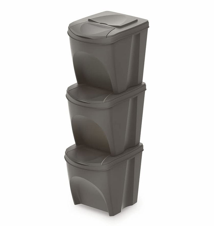 Sortibox Mülleimer mit Deckel 25 L - 3er Set/steingrau - Stapelbares Müll Trennsystem - Abfall Sorti