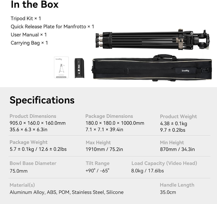 SMALLRIG 75" Heavy-Duty Videostativ, Stativ aus Aluminiumlegierung mit Fluidkopf, einstufige Höhenve