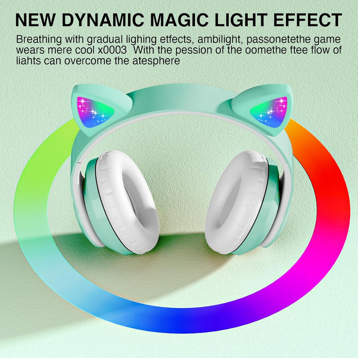 OHAANYY Katzenohr Kopfhörer Kindergeburtstag Geschenke Kind LED Katzenohren Einhorn Bluetooth Kabell