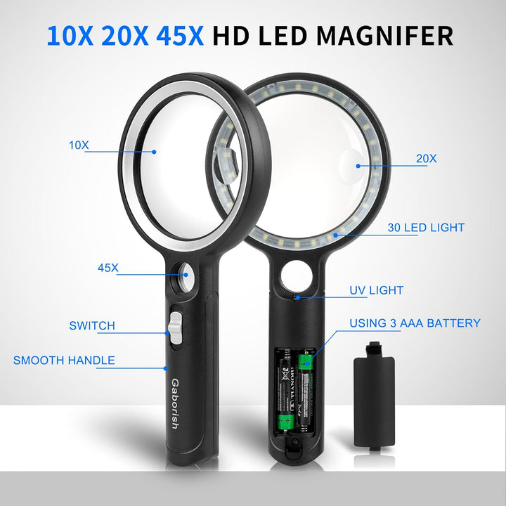 Lupe mit Licht, 10X 20X 45X Handlupe mit Licht, Magnifying Glass mit 30 LED und 1 UV, Vergrösserungs