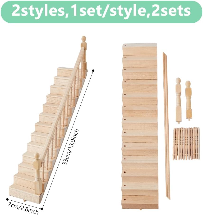 DICOSMETIC 2 Sets 2 Styles Miniature Puppenhaus Treppen 1:12 Massstab Holz Treppen Miniatur Deko Mit