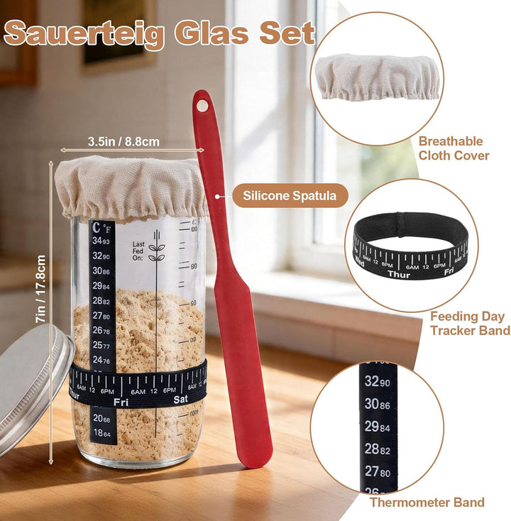 Sauerteig Starter Set mit 2 Gärkörbchen, 730ML Sauerteig Glas, Brotbackzubehör kit, Brot Backen Zube