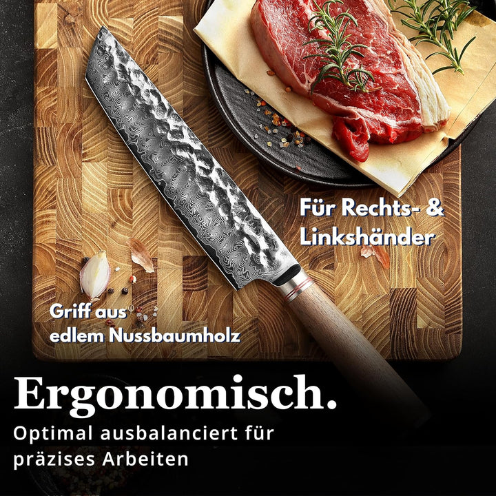 Wakoli Nussbaum Chefmesser Tanto, 20 cm Klinge aus 67 Lagen Damaststahl mit VG10 Kern, V Schliff 15°