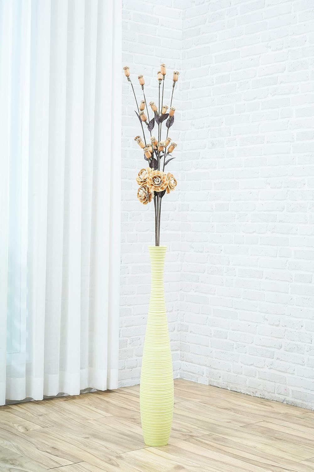 Leewadee Grosse Bodenvase für Dekozweige hohe Standvase Design Holzvase, Holz, 70 cm, Grün 70 cm Grü