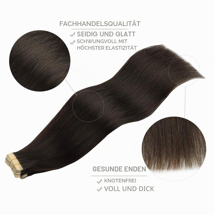 WENNALIFE Tape Extensions Echthaar, 20pcs 40g 30cm 12 Zoll Dunkel Braun Remy Invisible Tape Extensio