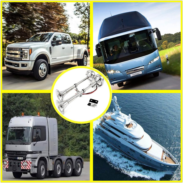 YIYIDA Autohupe Bootshupe Auto Elektrohupe 165 DB Schiffshupe Doppelrohrhupe Silber LKW Hupe Autolau