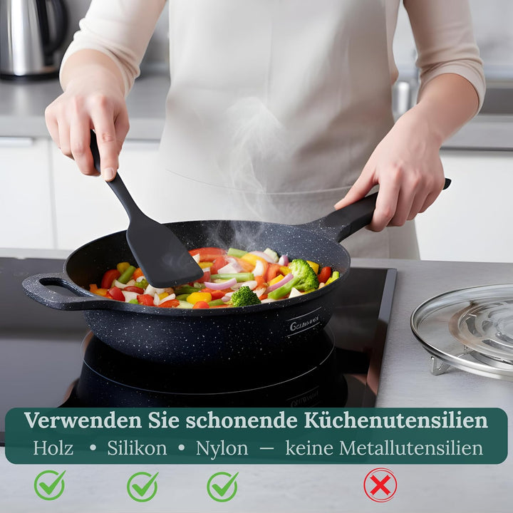 Goldmann Sauteuse 24 CM mit Deckel – Tiefe Bratpfanne aus Guss-Aluminium mit Marmor-Keramik Antihaft