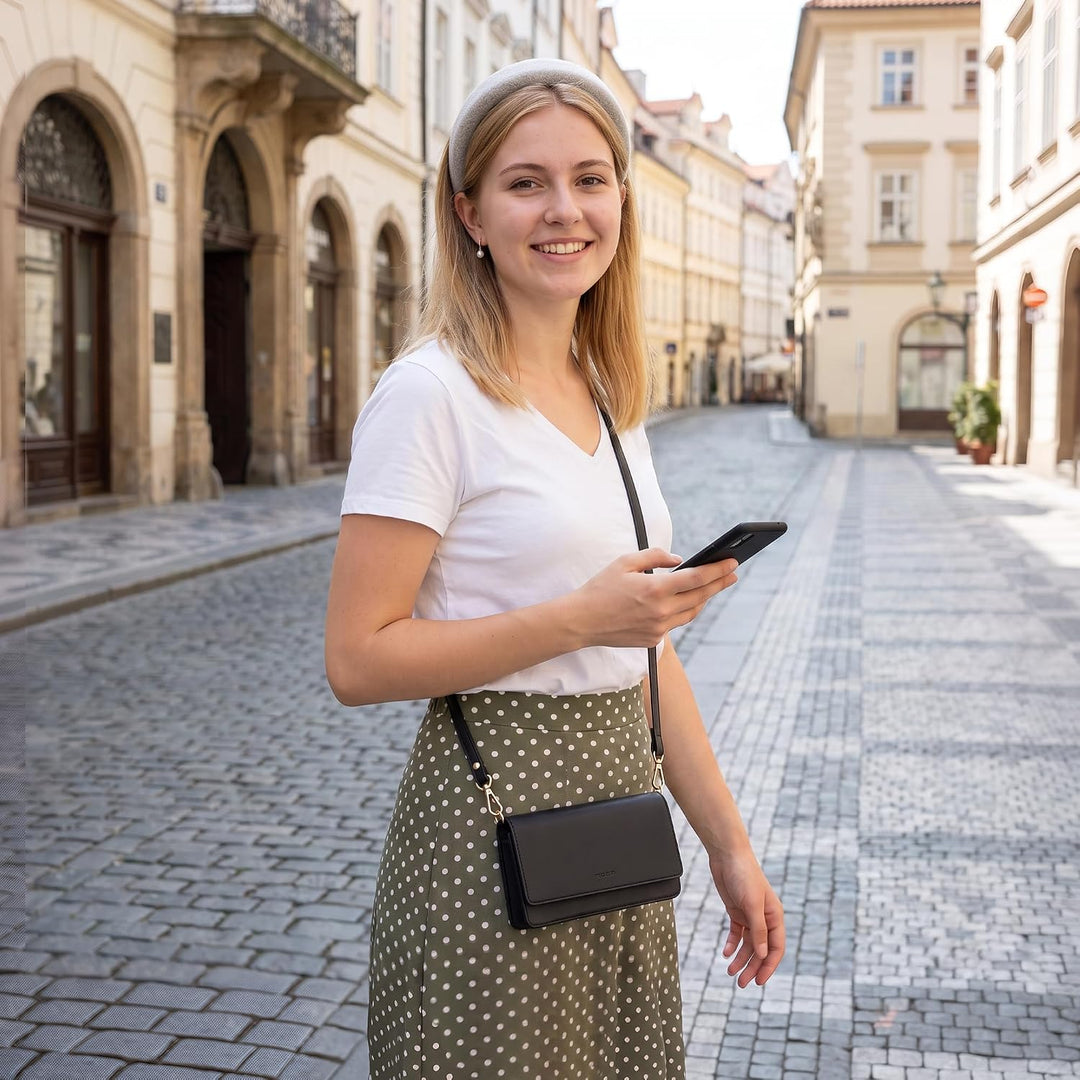 nuoku Umhängetasche Handytasche Damen Clutch Schultertasche im Klein Format mit RFID Karte-Slots 2 A