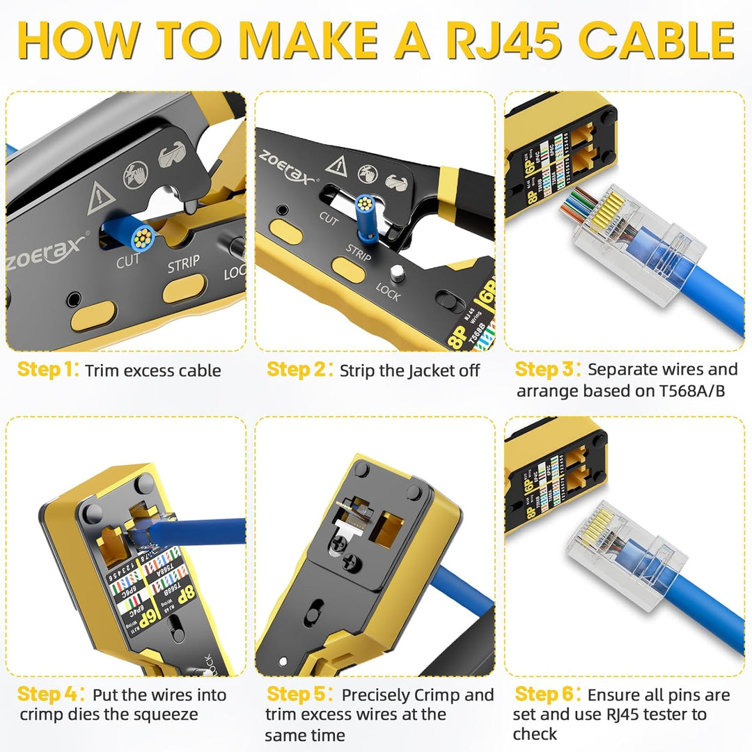RJ45 Crimpzange Ethernet Crimp Tool Crimper für RJ11/RJ12 Standard, RJ45 Pass Through Stecker, Gelb