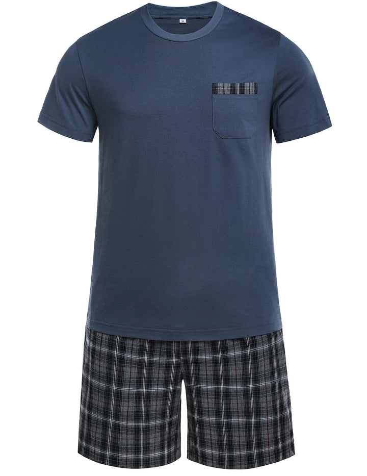 Schlafanzug Herren Kurz Pyjama 100% Baumwolle Kurzarm Nachtwäsche Nightwear Set mit Rundhals Design