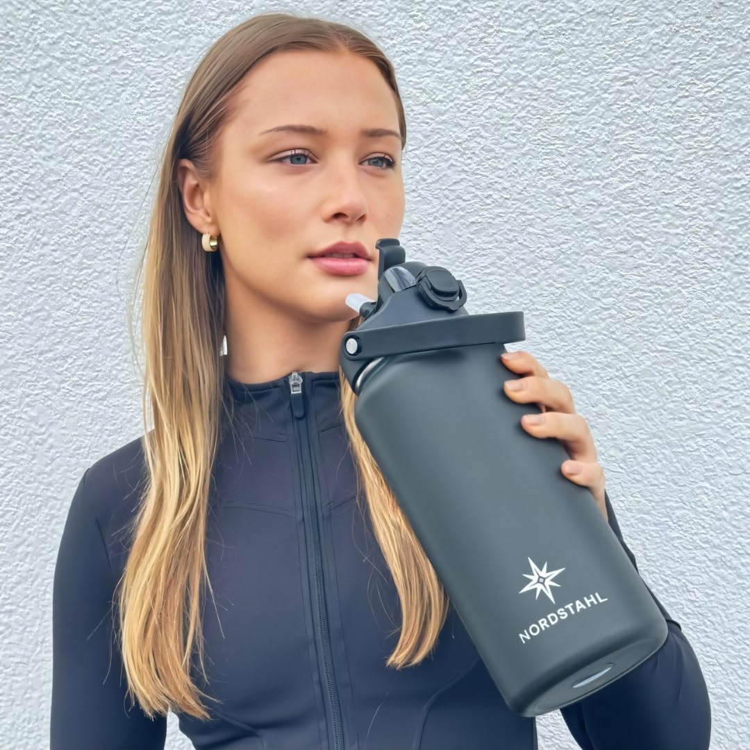 Thermosflasche 2L | 2-in-1 Deckel mit Strohhalm | 100% Spülmaschinenfest | 24h Eiskalt | 6h brennend