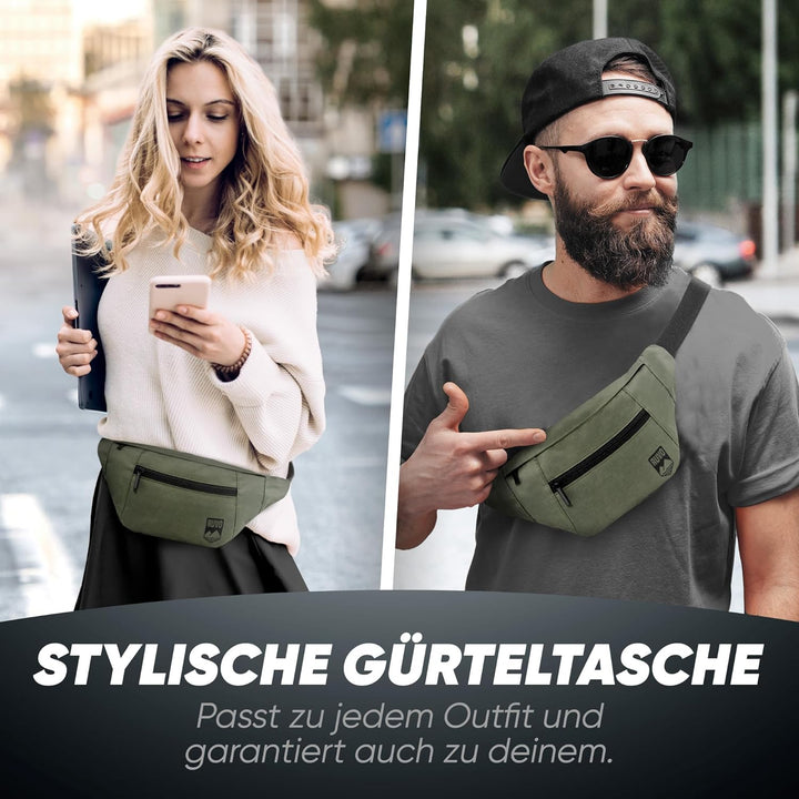 RUVO® Bauchtasche Herren und Damen | stylische Gürteltasche für maximalen Stauraum | 4 Fächer jeweil