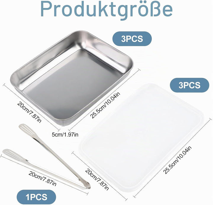 Brotschalen Edelstahl 3er Set Rechteckig GN Behälter mit Deckel 25,5 x 20 x 5 cm für Schnitzel, Flei
