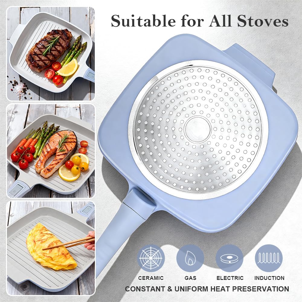 Keramik Grillpfanne 26 x 24 cm mit Deckel, Abnehmbarer Griff, Blau, Blau