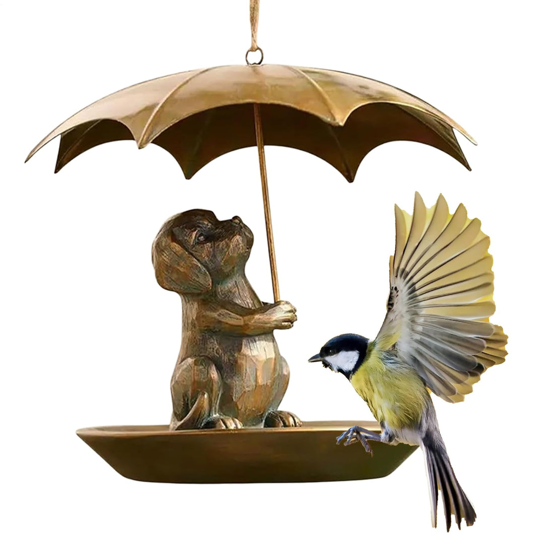 Animal Bird Feeder with Umbrella - Cute Squirrel/Cat/Dog Holding Umbrella Design Bird Feeder - Metal