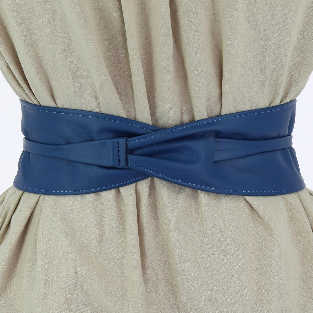 FASHIONGEN - Echtem Rindsleder Vollnarbenleder Obi Gürtel für Damen, Bindgürtel, CASSIANE Blau S-M,