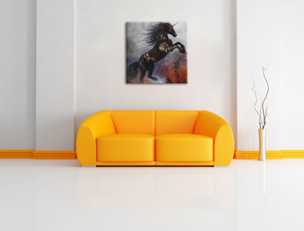 Pixxprint Traumhaftes schwarzes Einhorn Schwarz/Weiss, Format: 70x70 auf Leinwand, 70x70