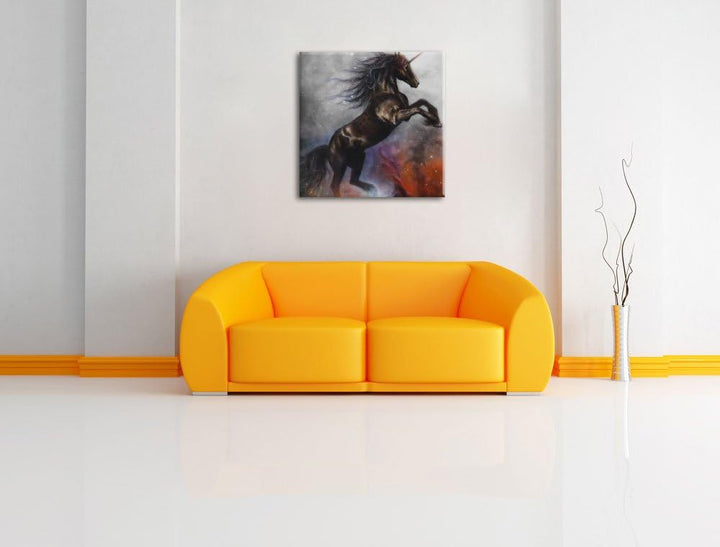 Pixxprint Traumhaftes schwarzes Einhorn Schwarz/Weiss, Format: 70x70 auf Leinwand, 70x70