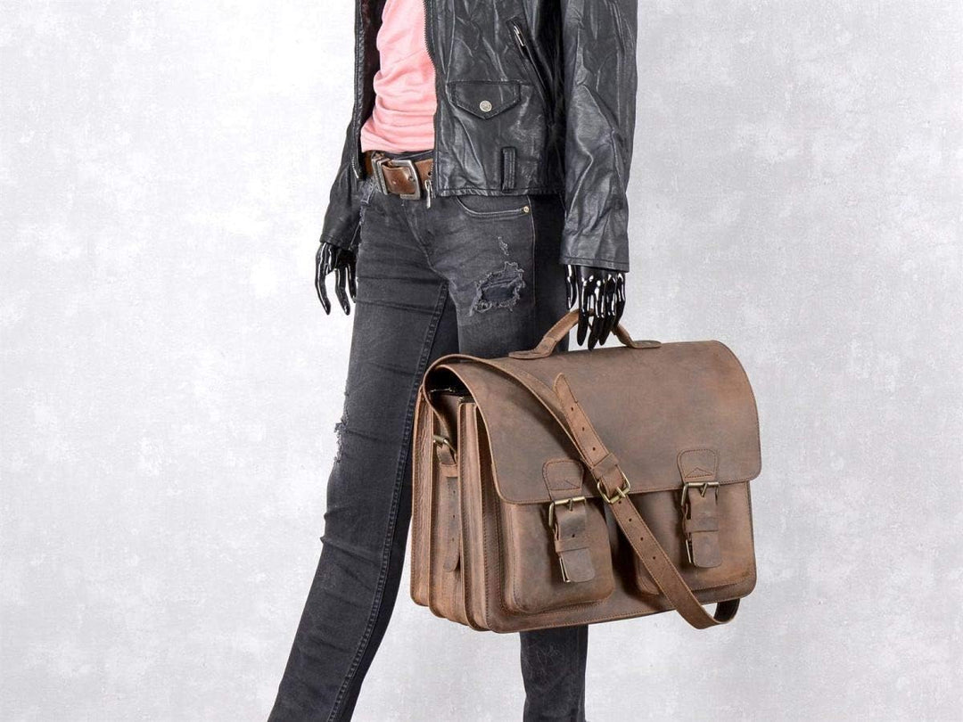 Ruitertassen Lehrertasche Leder XXL Damen Herren Schultasche Aktentasche Tasche 3 Fächer braun Range