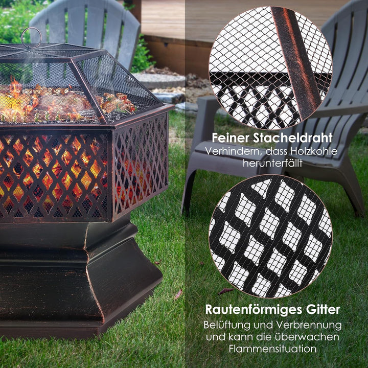Feuerschale mit Grillrost, Feuerkorb mit Funkenschutz, Feuerschalen für den Garten, Sechseckige Feue
