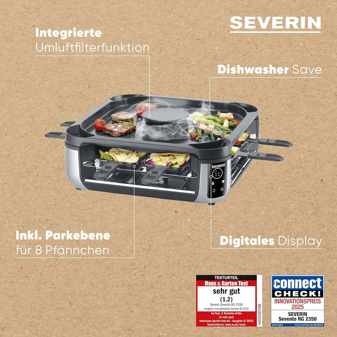 SEVERIN SEVENTO Raclette-Grill mit integriertem Umluft-Filter: weniger Rauch & Gerüche, Digital-Disp