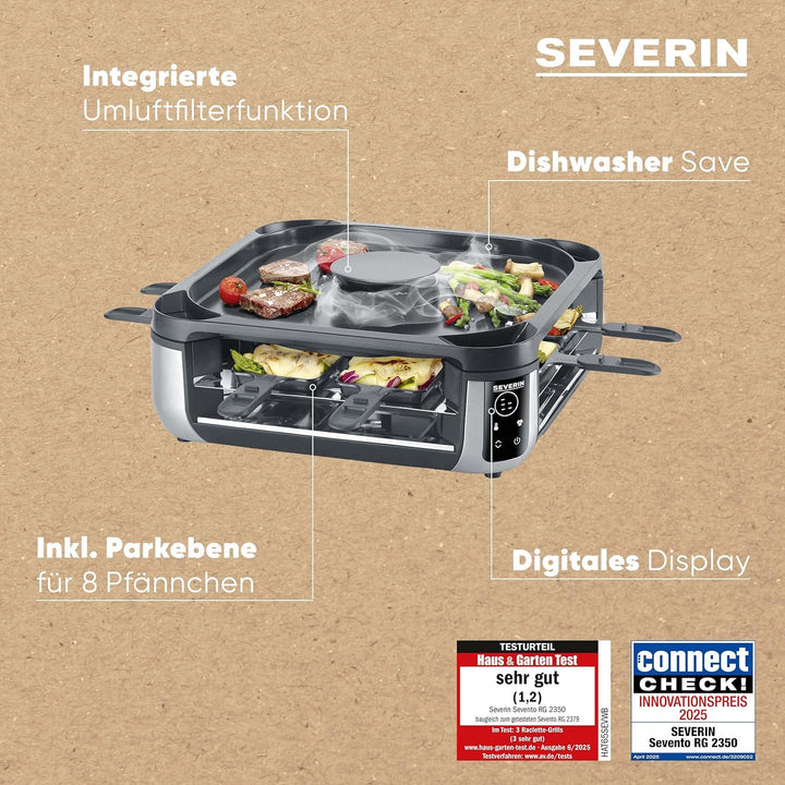 SEVERIN SEVENTO Raclette-Grill mit integriertem Umluft-Filter: weniger Rauch & Gerüche, Digital-Disp