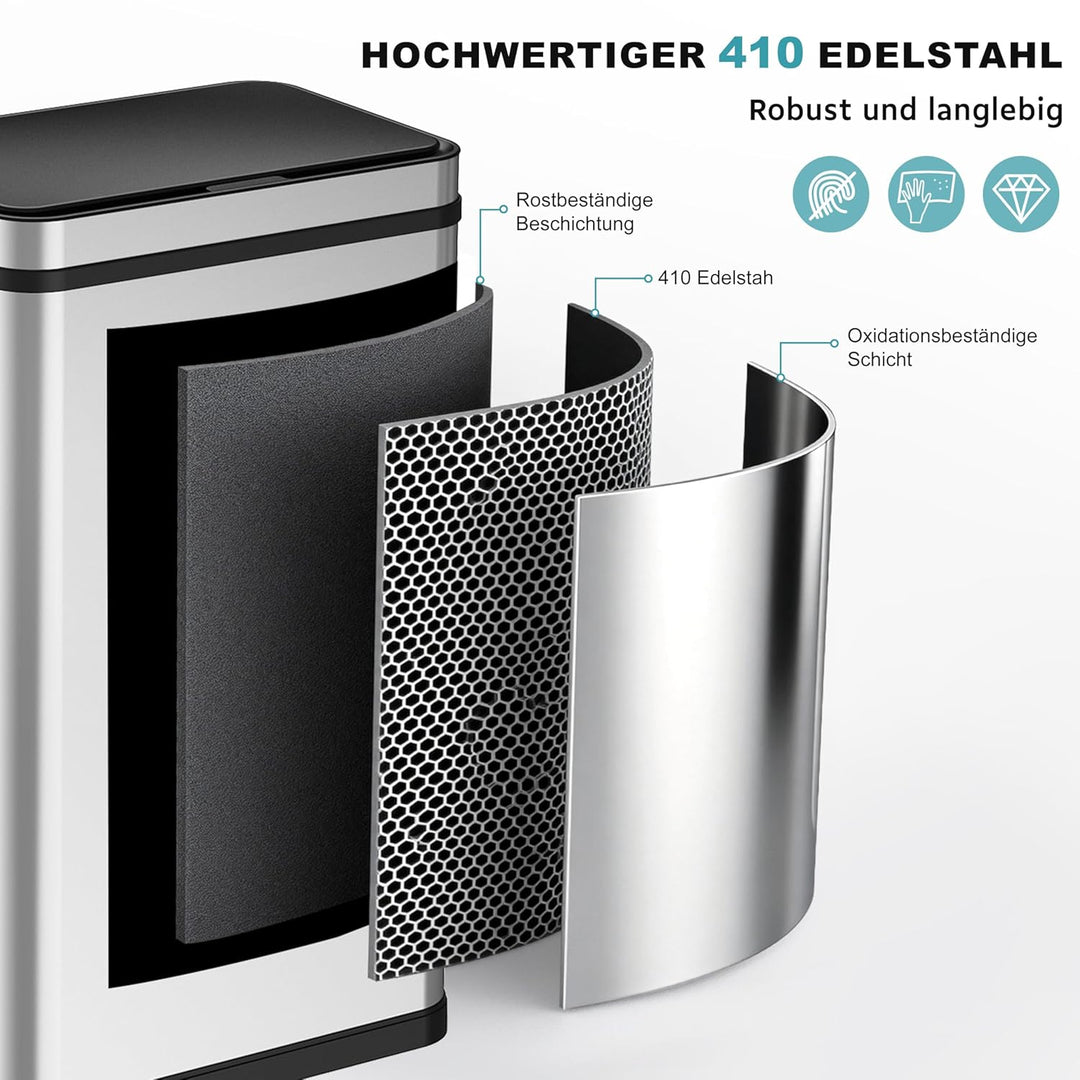 Ribelli Edelstahl Mülleimer 30 Liter - Abfalleimer mit Sensor - Automatisches Öffnen und Schliessen