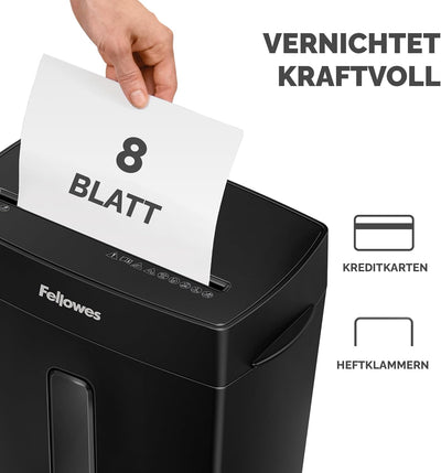 Fellowes Aktenvernichter, Papierschredder für 8 Blatt Partikelschnitt, Aktenvernichter P4, Schredder