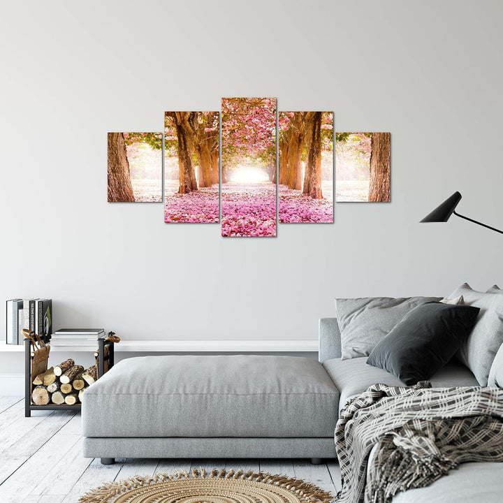 Runa Art Bild Schlafzimmer Wohnzimmer Wald Landschaft 5 Teilig Natur Rosa Wandbilder auf Vlies Leinw