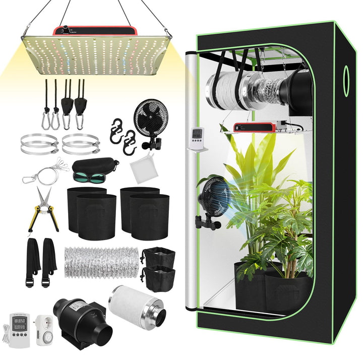 Growzelt Komplettset 80x80x160cm mit 200W Flach LED Grow Lampe, Belüftungsset & Aktivkohlefilter, Vo