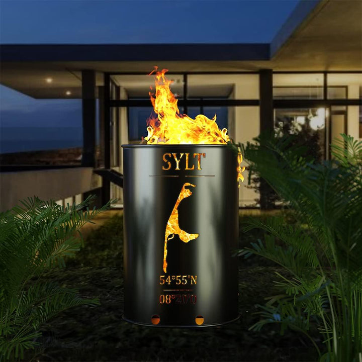 Feuertonne mit - Insel - Motiv - Gefertigt aus neuem Ölfass - Besondere Feuerstelle für Garten und T