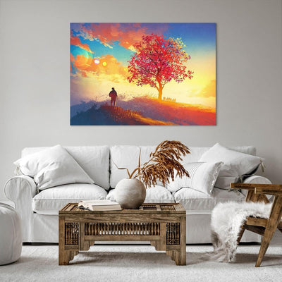 Bilder auf Leinwand 100x70cm Leinwandbild mit Rahmen Baum Wiese Feld Gross Wanddeko Bild Schlafzimme