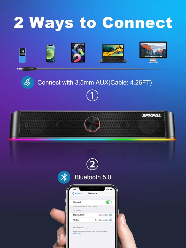 Soundbar für TV,SPKPAL10W Pc Lautsprecher soundbar mit Surround Stereo Audio Buntes RGB Licht USB äh