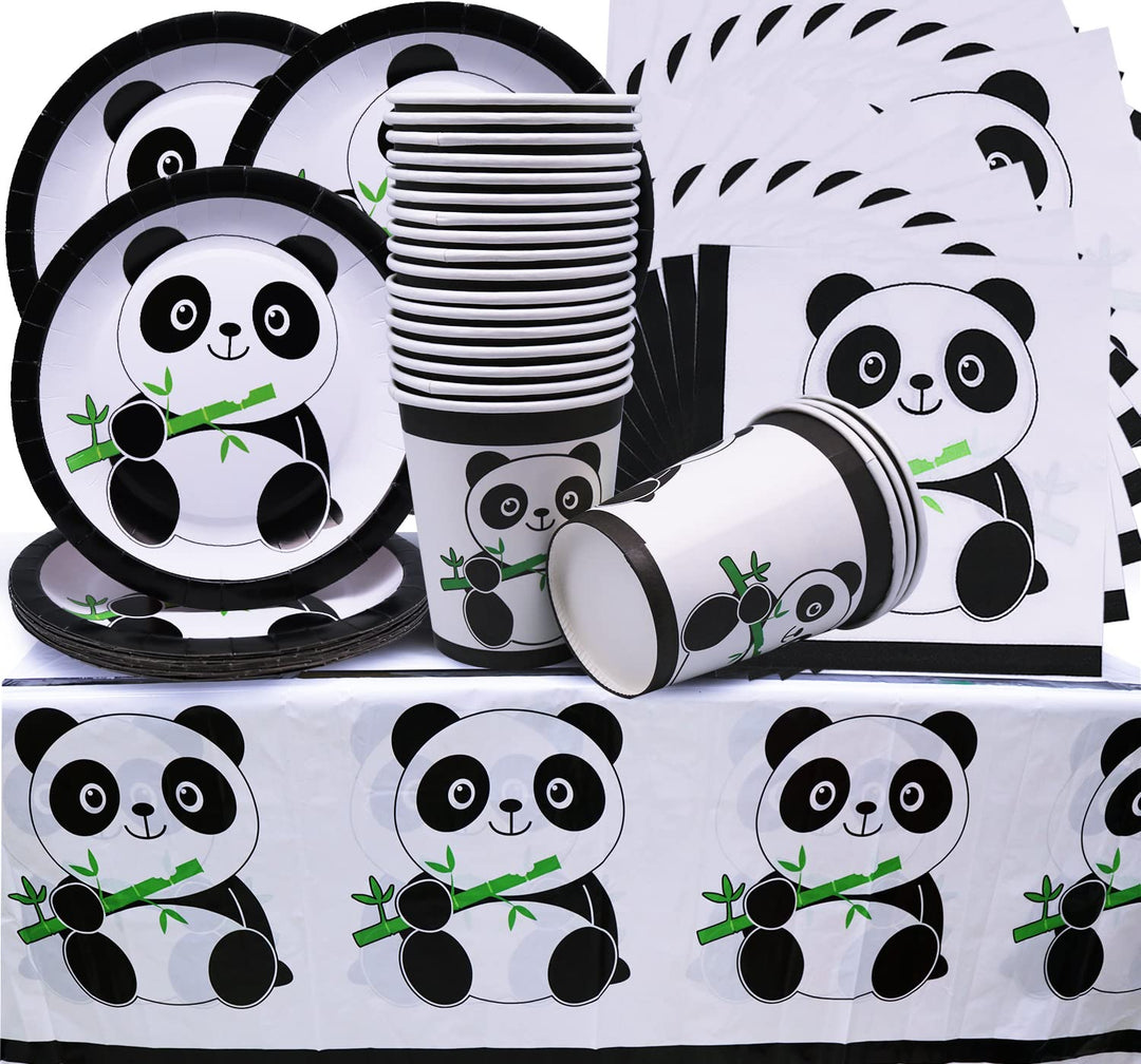 Doyomtoy 61PCSPanda Party Geschirr,Panda Geburtstag Dekoration,Panda Teller,Panda Tassen,Panda Servi