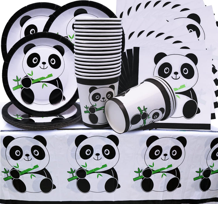 Doyomtoy 61PCSPanda Party Geschirr,Panda Geburtstag Dekoration,Panda Teller,Panda Tassen,Panda Servi