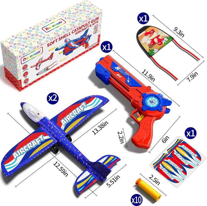 Doloowee 4 IN 1 Airplane Launcher Spielzeug, LED-Schaum Gleiter Flugzeug Katapult, 3 Flugmodi, Outdo