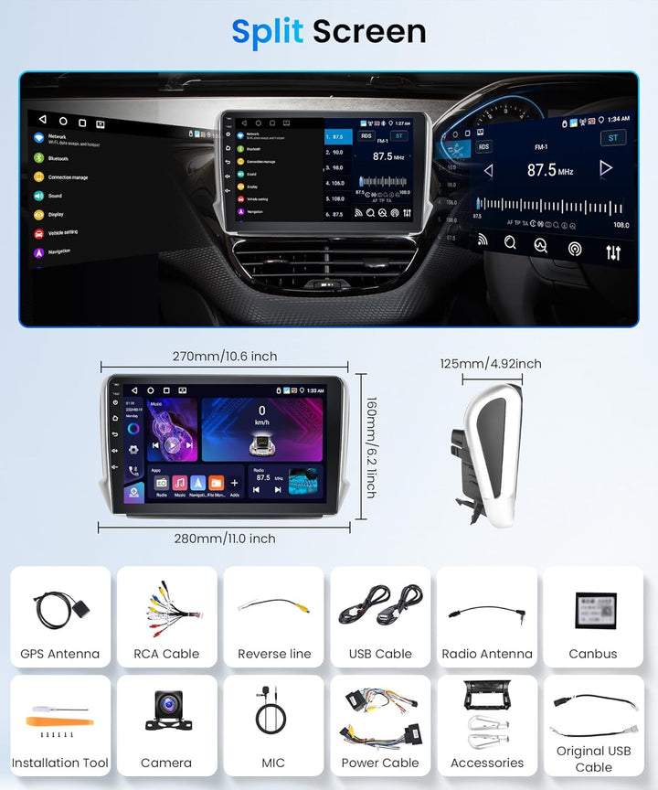 Rimoody 4+64G Android Autoradio für Peugeot 2008 208 2012-2018 10.1 Zoll HD Autoradio mit Carplay An