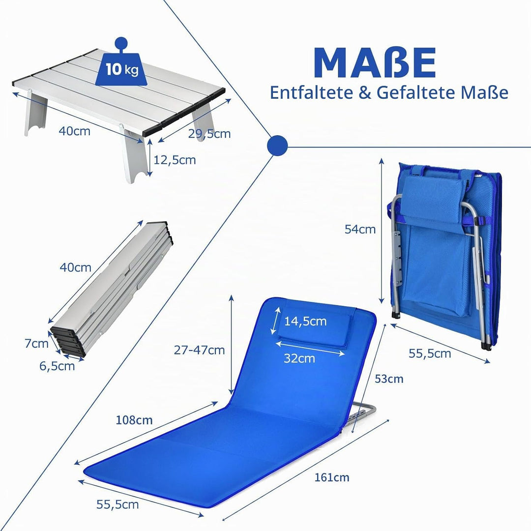 COSTWAY 2er Set Strandmatte mit Beistelltisch, Kopfkissen &amp; Staufach, Liegematte mit Verstellbarer R