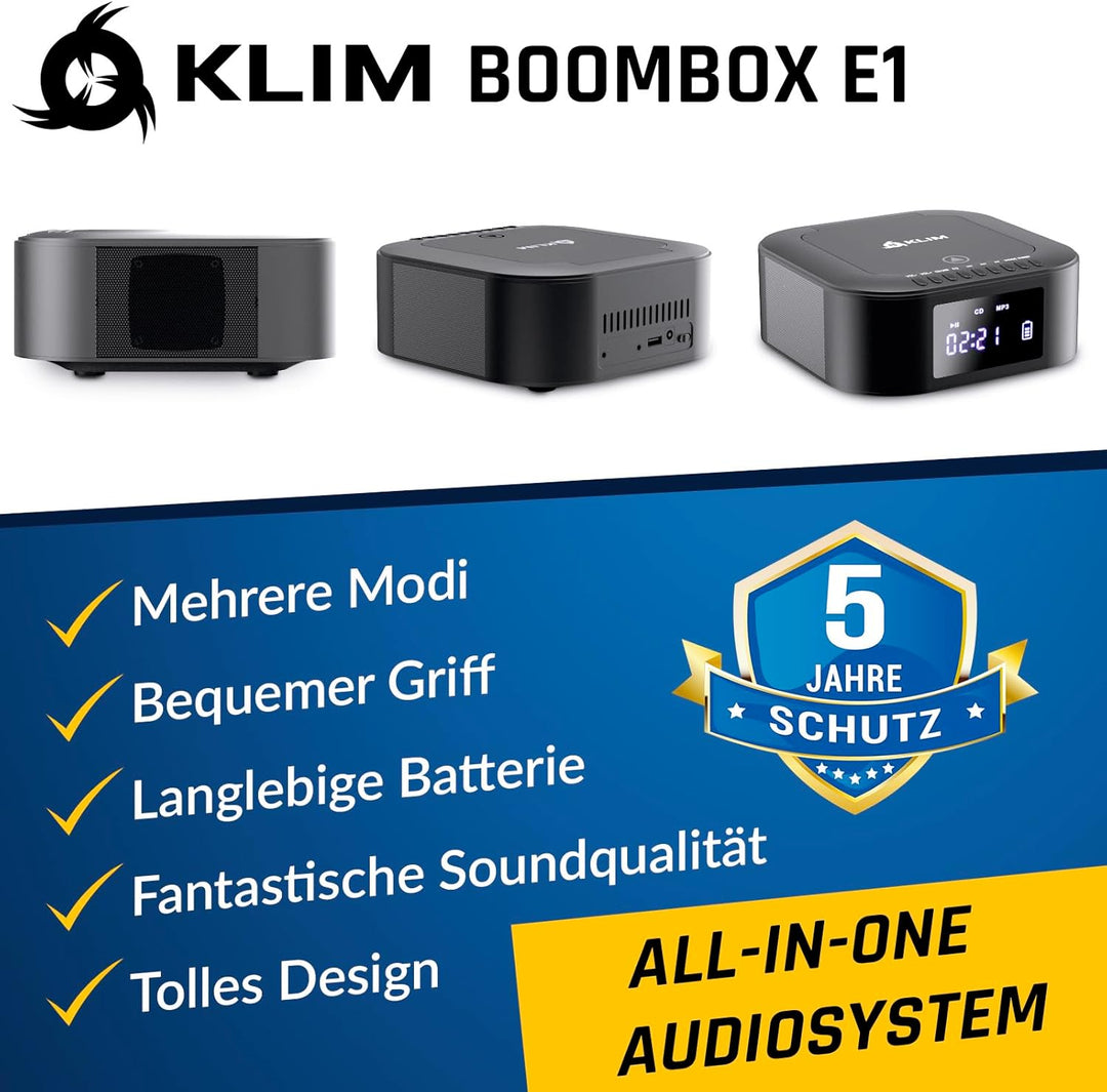 KLIM Boombox E1 Radio mit CD Player + BASS Boost mit Tieftöner + FM Radio, MP3, Bluetooth, AUX, USB,