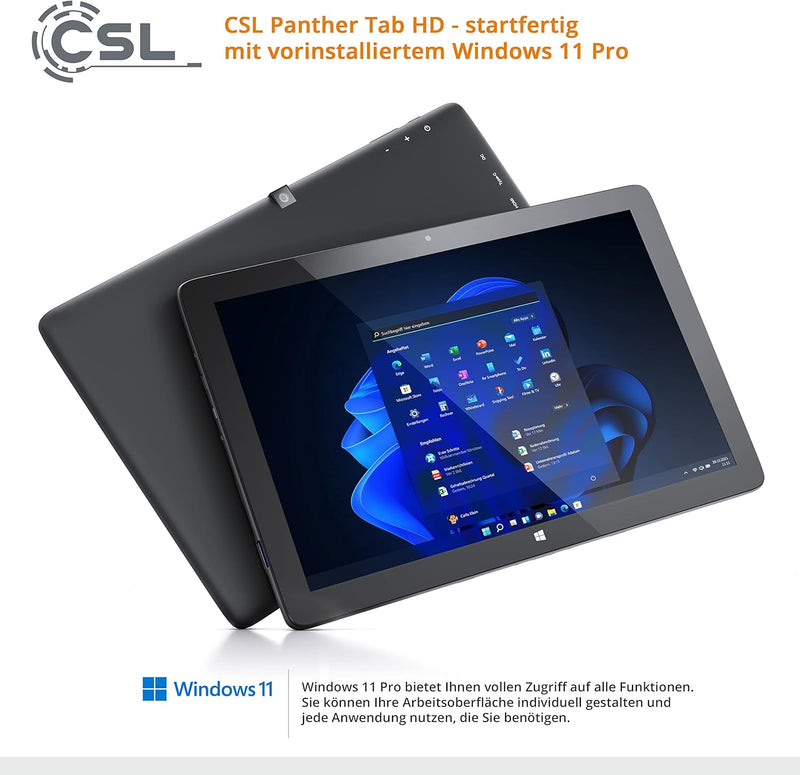 Tablet CSL Panther Tab HD Windows 11 Pro mit Tastatur, 10,1 Zoll 1920x1200 IPS, Intel N4120 CPU 4x26