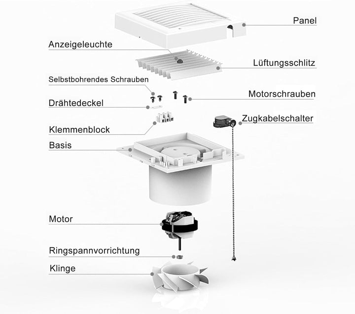 HUGOOME 100 mm 12 W 130 m³/h Abluftventilator mit Verschlussklappe und Zugkettenschalter, Fenster- u