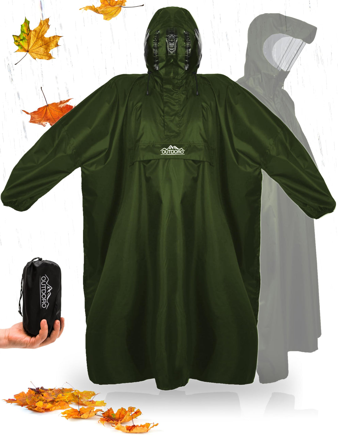 Outdoro Regenponcho mit Ärmeln - Mit Navigations-Fenster in der Brusttasche, Reissverschluss und Sic