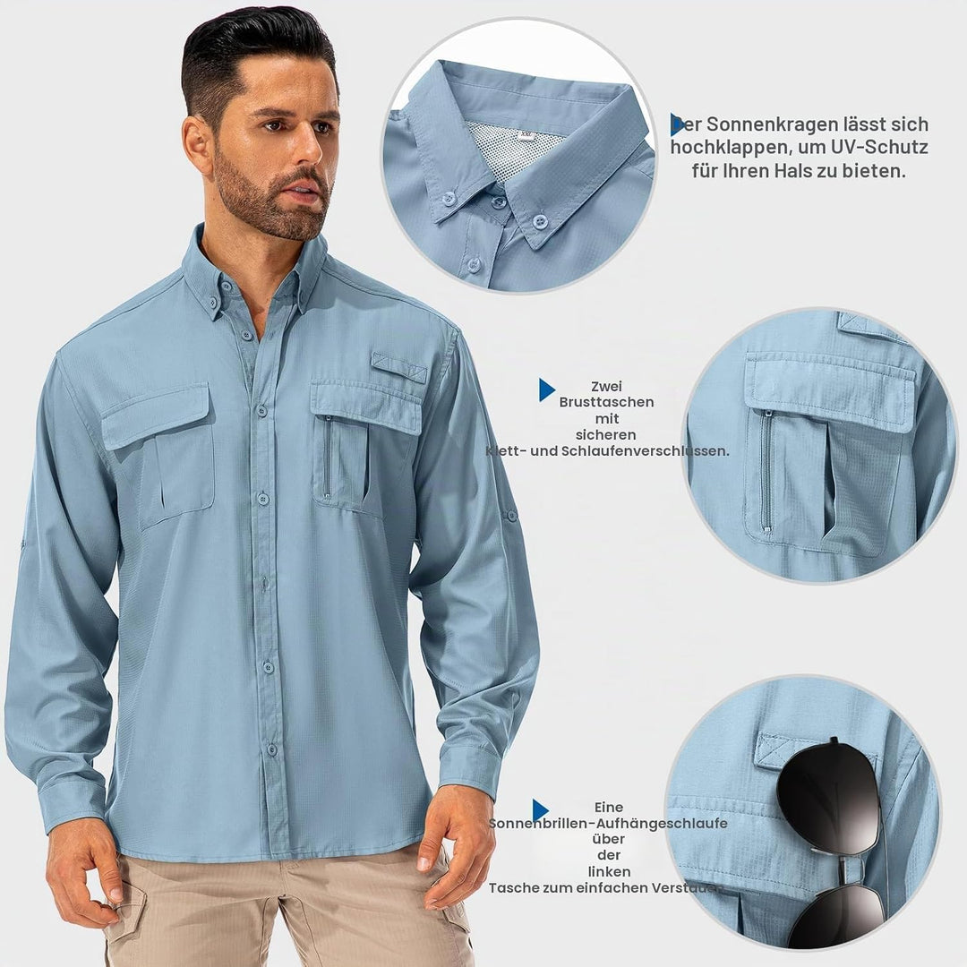 Hemd Herren Safari UPF50+ UV Schutz Wanderhemd Herren Langarm Funktionshemd Outdoorhemd Atmungsaktiv