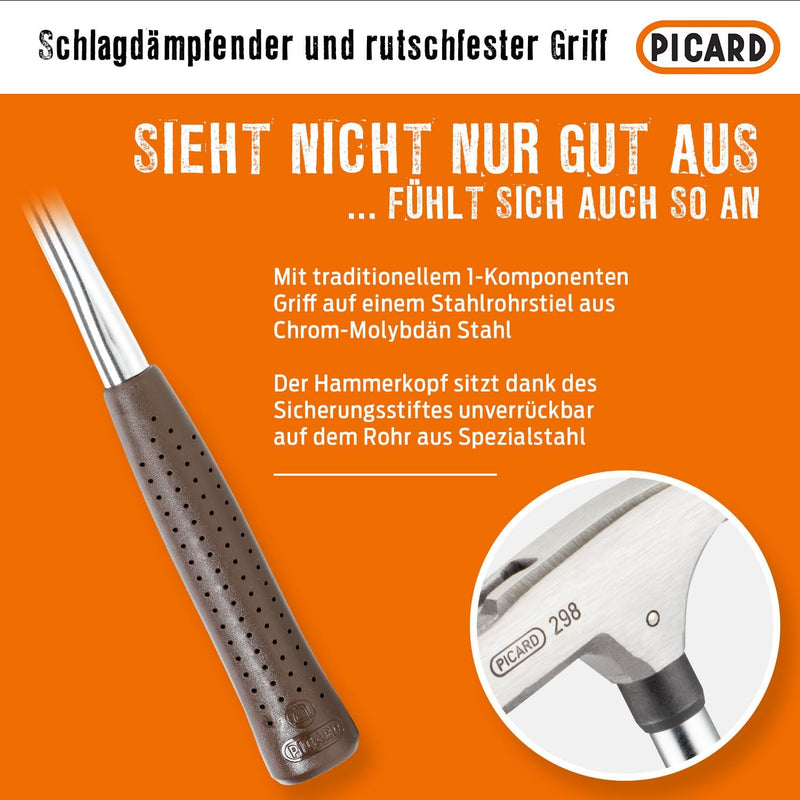 PICARD Latthammer 298 - mit magnetischem Nagelhalter + gerauhter Bahn - 600g | traditioneller Griff