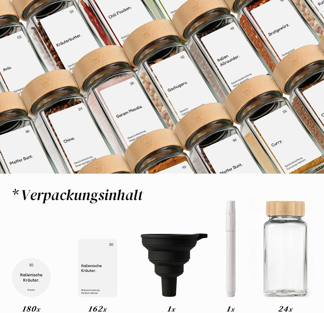 MHDCLY 24er Set Gewürzgläser Eckig mit Bambusdeckel (120ml) - Luftdichte Spice Jars & Gewürzstreuer