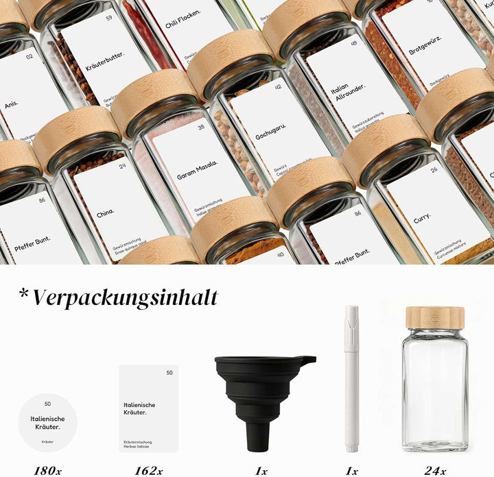 MHDCLY 24er Set Gewürzgläser Eckig mit Bambusdeckel (120ml) - Luftdichte Spice Jars & Gewürzstreuer