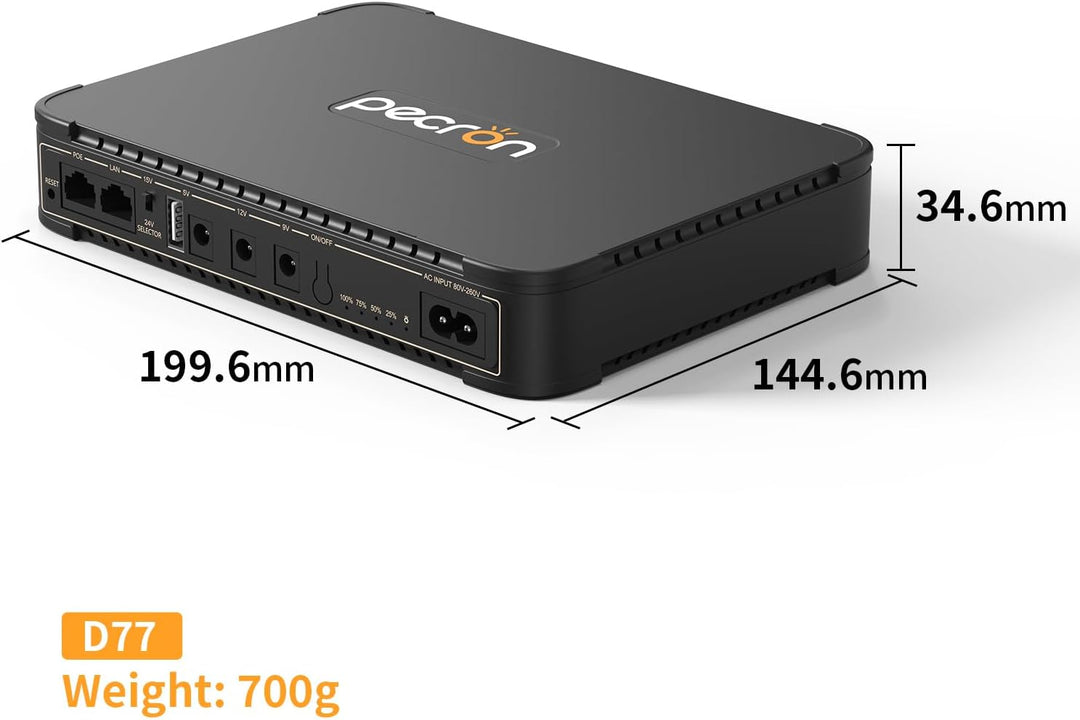 Pecron D77 DC UPS Battery Backup, 76.96Wh Small UPS for WiFi Router/Modem/Security Camera/Phone, Uni