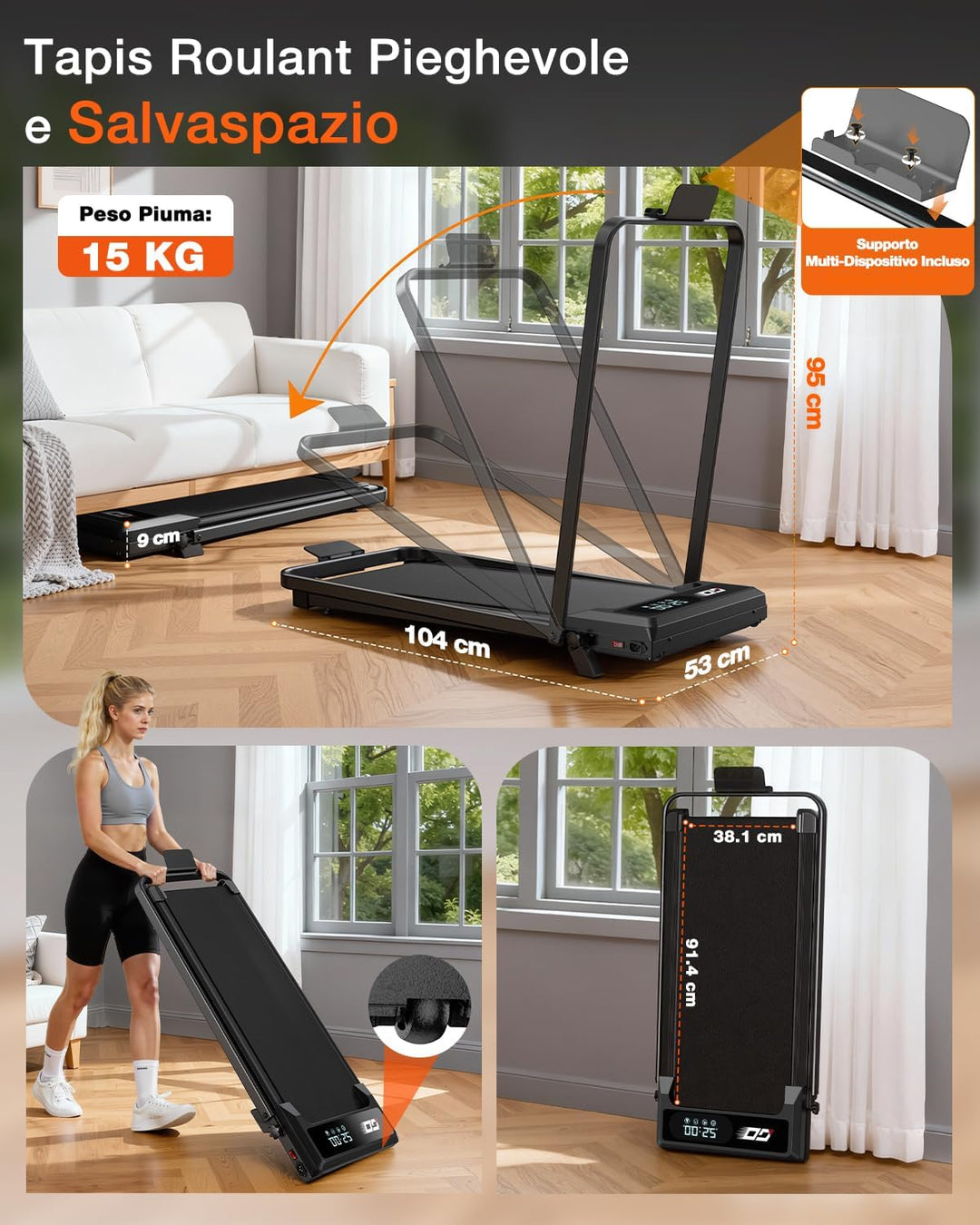 Walking Pad mit 9% Steigung, Laufband klappbar elektrisch für Zuhause und Büro, leiser bürstenloser