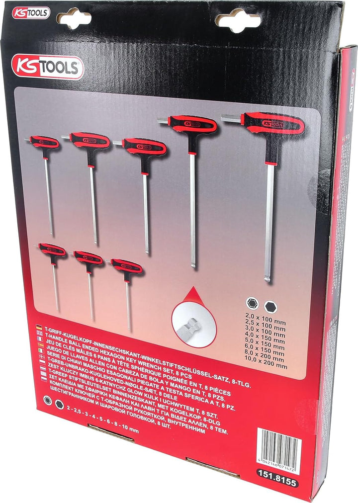 KS Tools KS 152 Tools 151.8155 ERGOTORQUEplus T-Griff-Innensechskant-Kugelkopf-Schlüssel-Satz, 8-tlg